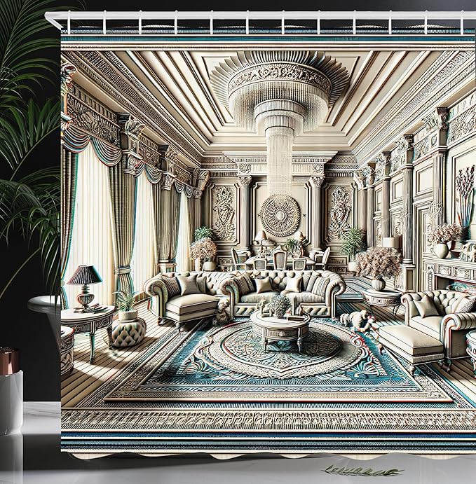 Ambesonne Classic Shower Curtain, Extravagant Hall with Oceanic and Neutral Color Details Room View Print, Cloth Fabric Bathroom Decor Set with Hooks, 69" W x 75" L, Coconut and Sea Blue