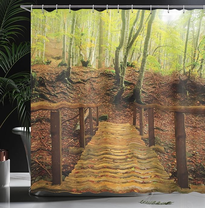 Ambesonne Landscape Shower Curtain, Weathered Old Wooden Bridge River to Footpath Birch Trees in Autumn, Cloth Fabric Bathroom Decor Set with Hooks, 69" W x 70" L, Brown Pale Green Peru