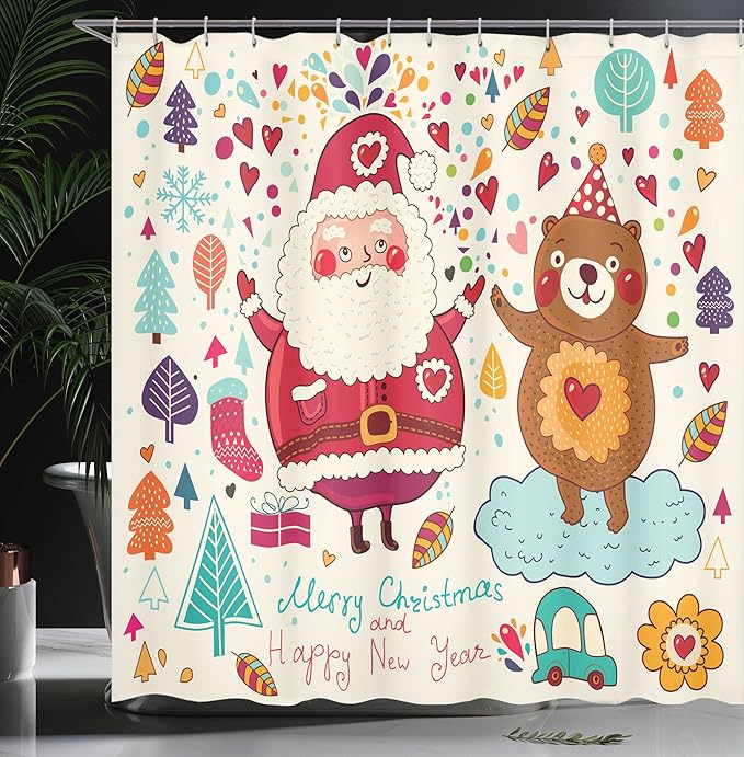 Ambesonne Christmas Shower Curtain, Santa and Teddy Bear Vintage Christmas Season Ornaments Party Theme, Cloth Fabric Bathroom Decor Set with Hooks, 69" W x 84" L, Red Blue