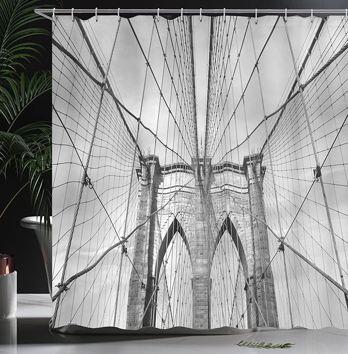Ambesonne Landscape Shower Curtain, USA New York Brooklyn Bridge Cityscape Scenery Photo Print, Cloth Fabric Bathroom Decor Set with Hooks, 69" W x 70" L, Charcoal White