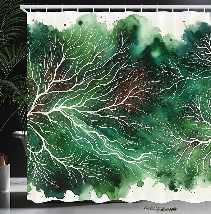 Ambesonne Dark Green Shower Curtain, Exotic Vibe of Ebru Ramifications on Aquarelle Paint Stained Style Art, Cloth Fabric Bathroom Decor Set with Hooks, 69" W x 75" L, Fern Green Off White