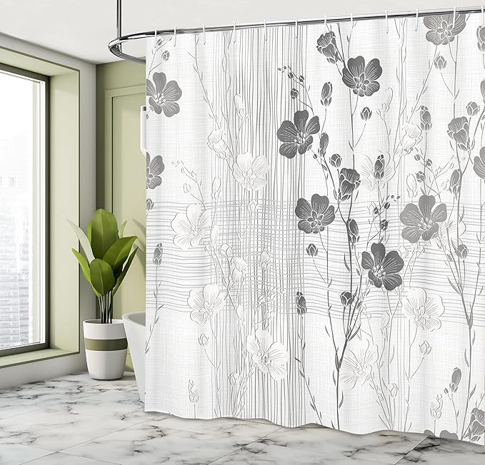 Ambesonne Flower Shower Curtain, Blooming Buds and Hibiscus Flowers with Simple Striped and Crossed Pattern Print, Cloth Fabric Bathroom Decor Set with Hooks, 69" W x 75" L, Ivory Grey