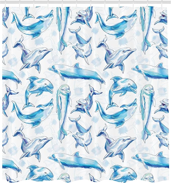 Ambesonne Sea Animals Shower Curtain, Sketch of Bottlenose Dolphins Playing Laughing in The Ocean Sea Life Print, Cloth Fabric Bathroom Decor Set with Hooks, 69" W x 70" L, Turquoise White