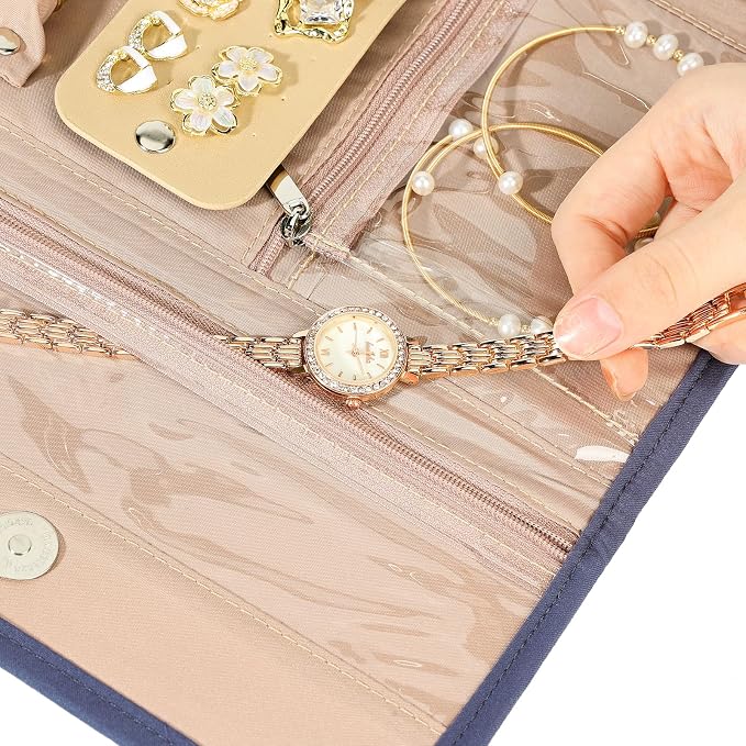 BELALIFE Travel Jewelry Case, Jewelry Organizer Roll for Accessories | Bag with foldable roll design for earrings, necklaces, rings, bracelets and brooches, Blue-Gray