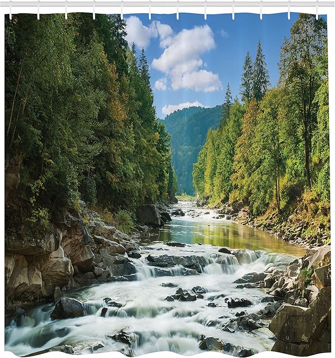 Ambesonne Nature Shower Curtain, Mountain River Along The Forest Waterfall Rocks Stream Travel Destination Landscape, Cloth Fabric Bathroom Decor Set with Hooks, 69" W x 70" L, Forrest Green