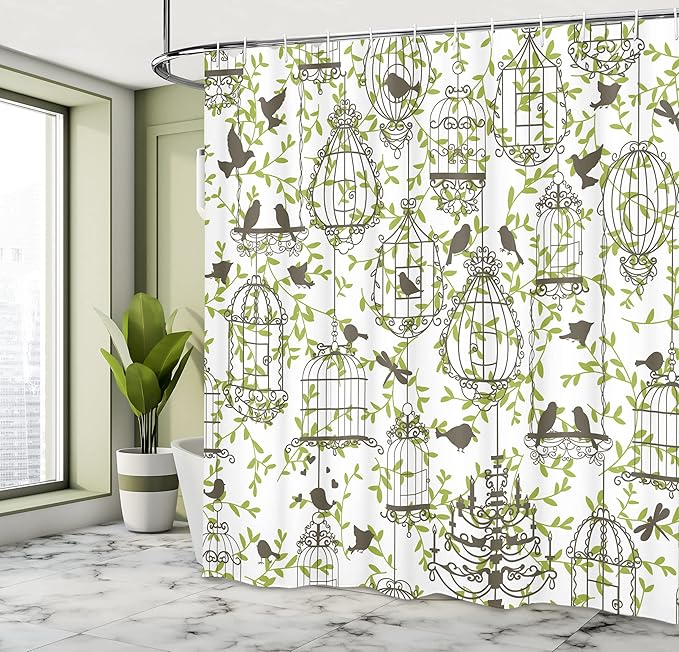 Ambesonne Vintage Shower Curtain, Antique Birdcages on Ivy Leaf Love Couple Escape Freedom Modern Illustration, Cloth Fabric Bathroom Decor Set with Hooks, 69" W x 70" L, Navy Green