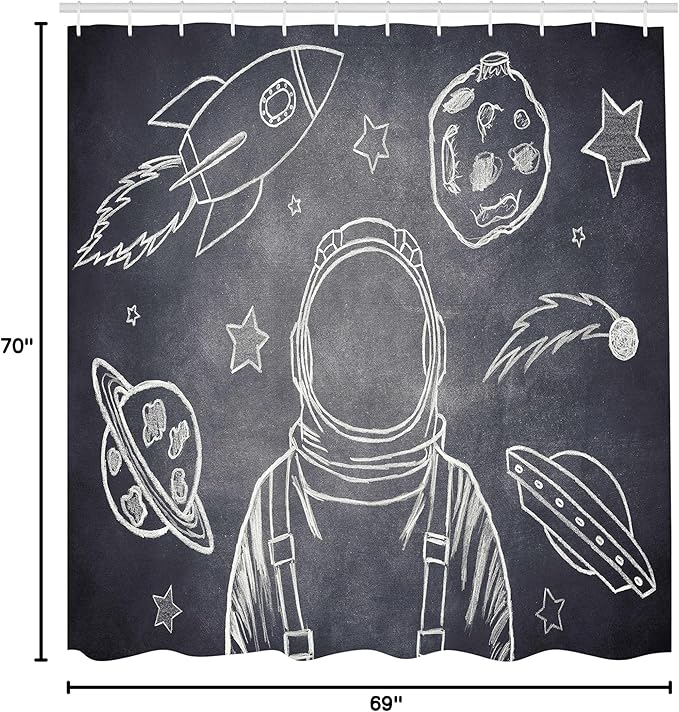 Ambesonne Modern Shower Curtain, Space Backdrop with Planets and Sketchy Astronaut Asteroids in The Galaxy an Image of an Illustration, Cloth Fabric Bathroom Set with Hooks, 69" W x 70" L, Grey Blue