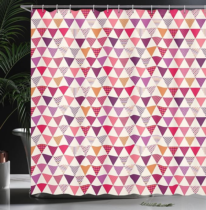 Ambesonne Pink Shower Curtain, Geometric Triangle Patterns with Polka Dots Lines Zig Zag Prints Abstract Image Print, Cloth Fabric Bathroom Decor Set with Hooks, 69" W x 70" L, Multicolor Ivory
