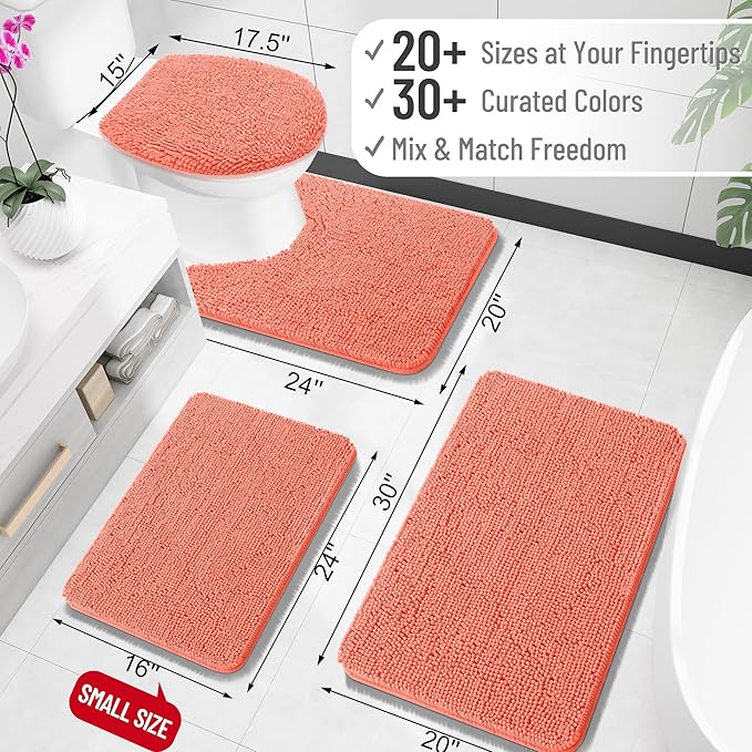 OLANLY Bathroom Rugs 30x18, Extra Soft Absorbent Chenille Bath Rugs, Rubber Backing Quick Dry, Machine Washable Bath Mats for Bathroom Floor, Tub and Shower, Home Decor Accessories, Coral