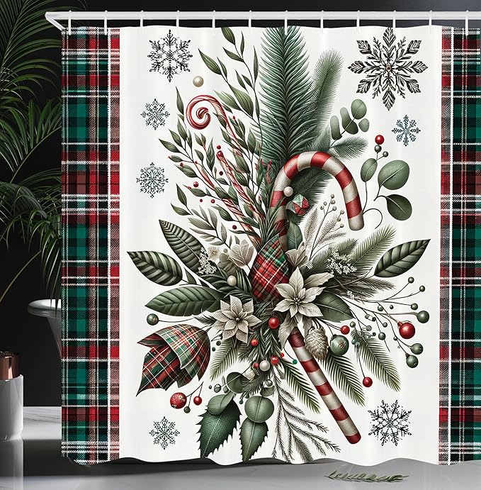 Ambesonne Christmas Shower Curtain, Plaid Laces and Xmas Traditional Ornate with Pine Leaves and Candies, Cloth Fabric Bathroom Decor Set with Hooks, 69" W x 70" L, Vermilion Beige Green