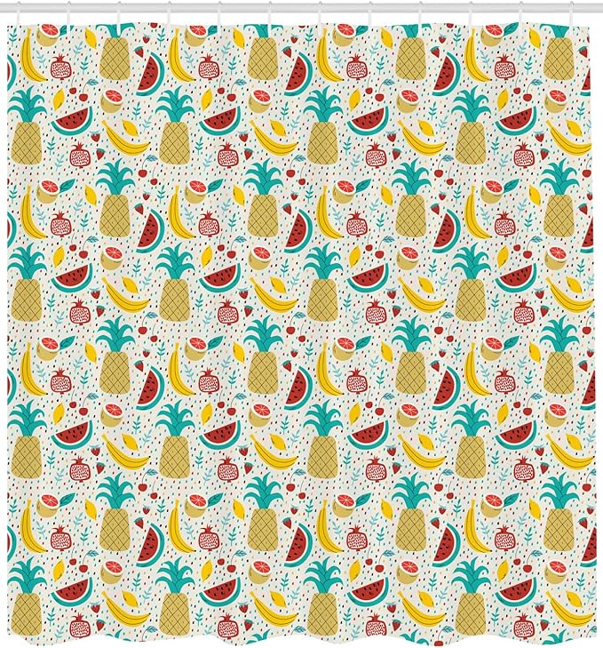 Ambesonne Food Shower Curtain, Fruits Banana Pomegranate Pineapple Watermelon Lemon Kitchen Cafe Abstract Graphic, Cloth Fabric Bathroom Decor Set with Hooks, 69" W x 75" L, Turqupise Mustard