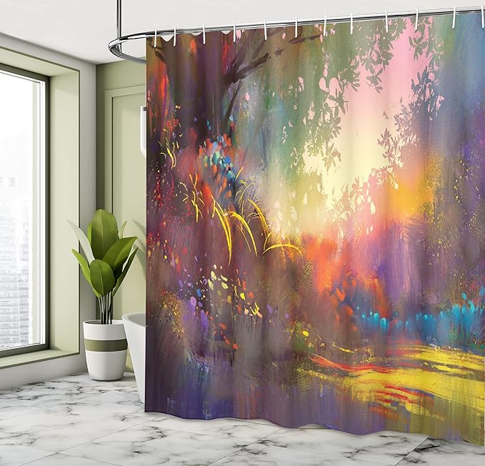 Ambesonne Fantasy Shower Curtain, Lake with Brush Effects Surreal Nature Elf Tranquil and Serene Art Print, Cloth Fabric Bathroom Decor Set with Hooks, 69" W x 75" L, Indigo Earth Yellow Multicolor
