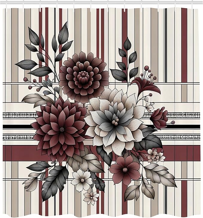 Ambesonne Floral Shower Curtain, Retro Flowers on Geometric Style Rectangle Motives Dahlia and Leaves, Cloth Fabric Bathroom Decor Set with Hooks, 69" W x 84" L, Dried Rose and Pale Tan