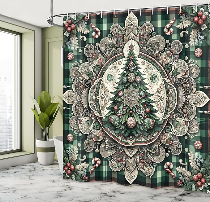 Ambesonne Christmas Shower Curtain, Candies Plaided Background Mandala Ornate and Xmas Tree Illustration, Cloth Fabric Bathroom Decor Set with Hooks, 69" W x 84" L, Hunter Green Grey Coral