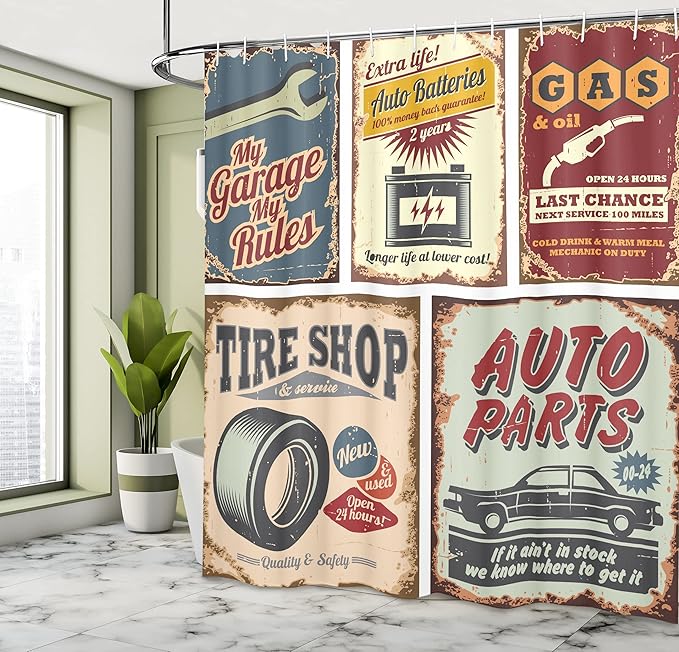 Ambesonne 1950s Shower Curtain, Vintage Car Signs Automobile Advertising Repair Vehicle Garage Classics Servicing, Cloth Fabric Bathroom Decor Set with Hooks, 69" W x 75" L, Burgundy