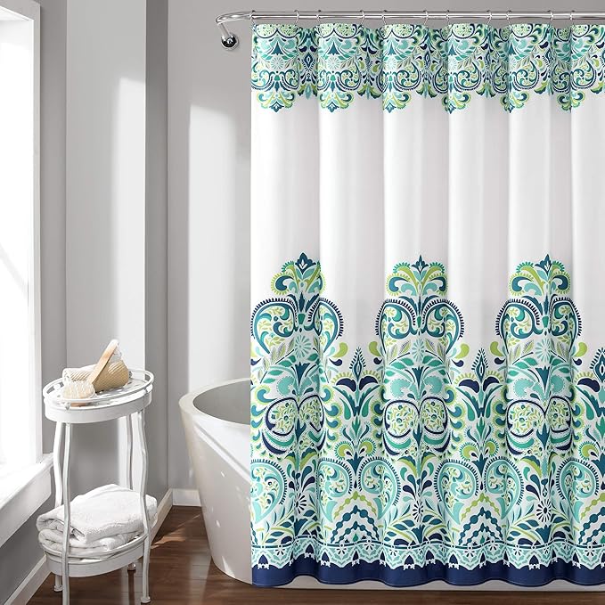 Lush Decor Clara Shower Curtain Single 72" W x 72" L Blue & Green - Fabric Shower Curtains for Bathroom - Colorful Bathroom Curtain - Boho Décor
