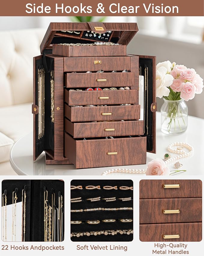 AKOZLIN 6-Tier Jewelry Box Organizer Functional 5 Drawers Leather Jewelry Storage Case for Women Girls Ring Necklace Earring Bracelet Holder Organizer with Mirror XL Red 360° Rotating