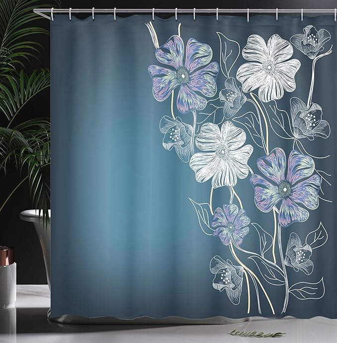 Ambesonne Art Shower Curtain, Hand Drawn Cherry Blossoms Fantasy Bridal Garden Anniversary Theme, Cloth Fabric Bathroom Decor Set with Hooks, 69" W x 75" L, Blue Lavender