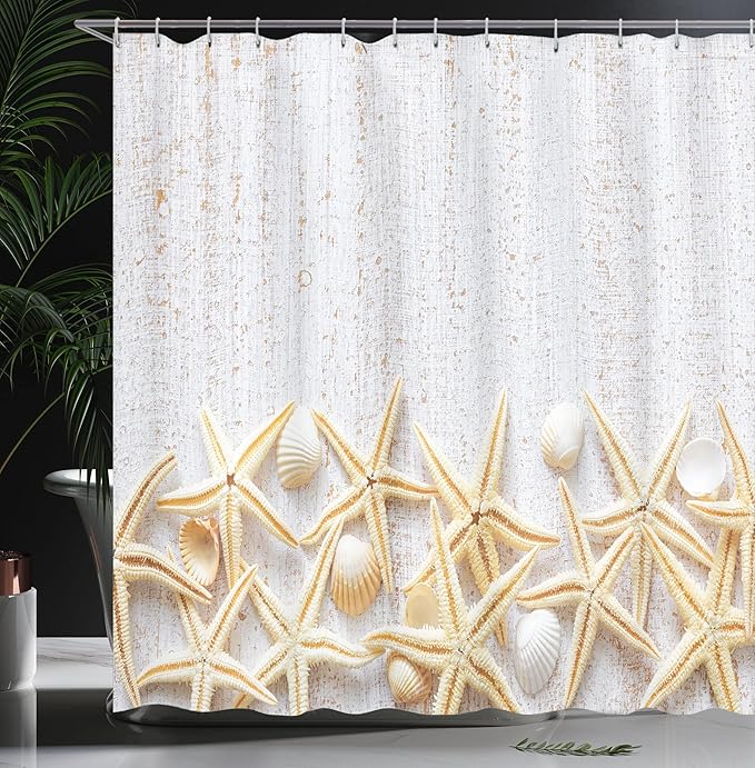 Ambesonne Seashells Shower Curtain, Sea Shells on Timber Pattern Tropical Honeymoon Getaways Classic Marine Theme, Cloth Fabric Bathroom Decor Set with Hooks, 69" W x 84" L, Pearl Ivory
