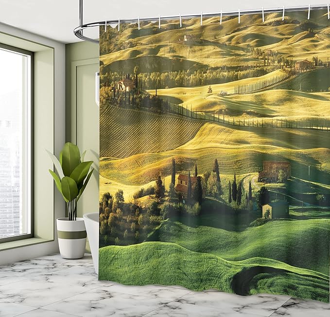 Ambesonne Tuscan Shower Curtain, Peaceful Landscape of Pienza Tuscany Vineyard Trees Meadow Hill House, Cloth Fabric Bathroom Decor Set with Hooks, 69" W x 70" L, Green and Khaki