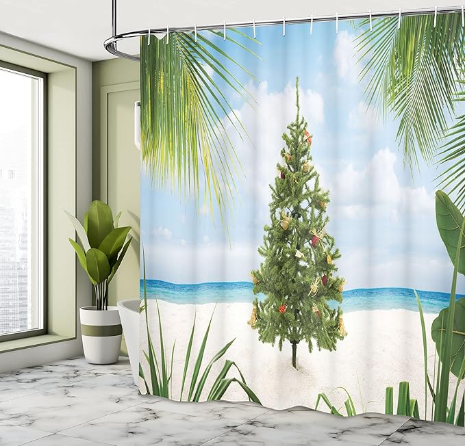 Ambesonne Christmas Shower Curtain, Tree Tinsel and Ornaments Tropical Island Sandy Beach Party Theme, Cloth Fabric Bathroom Decor Set with Hooks, 69" W x 75" L, Green Blue Cream