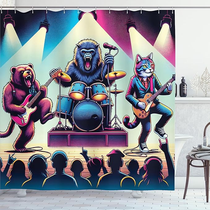 Ambesonne Rocker Animals Shower Curtain, Grizzly Bear Gorilla and Big Wild Cat Band Funny Stage Music Party, Cloth Fabric Bathroom Decor Set with Hooks, 69" W x 75" L, Fuchsia Blue Peach