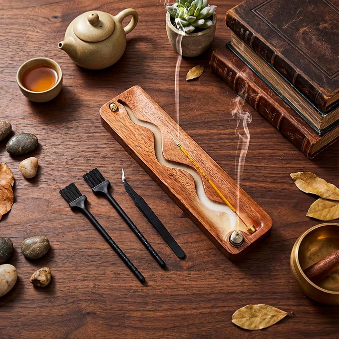 2 in 1 Wooden Incense Holder Sticks with Backflow Incense Cone Burner,Multi-Hole Fits All Thicknesses Sticks,for Meditation Yoga Home Gift
