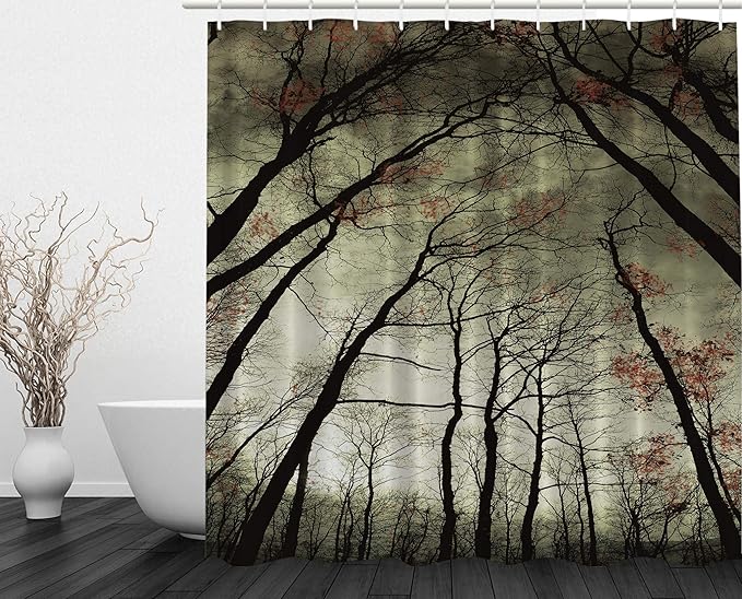 Ambesonne Nature Shower Curtain, Mystic Dark Forest Dead Trees, Cloth Fabric Bathroom Decor Set with Hooks, 69" W x 70" L, Green Khaki