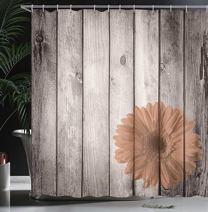 Ambesonne Rustic Shower Curtain, Flower Red Dahlia on Foreground of Murky Featured Dated Wooden Board Retro Art Print, Cloth Fabric Bathroom Decor Set with Hooks, 69" W x 75" L, Almond