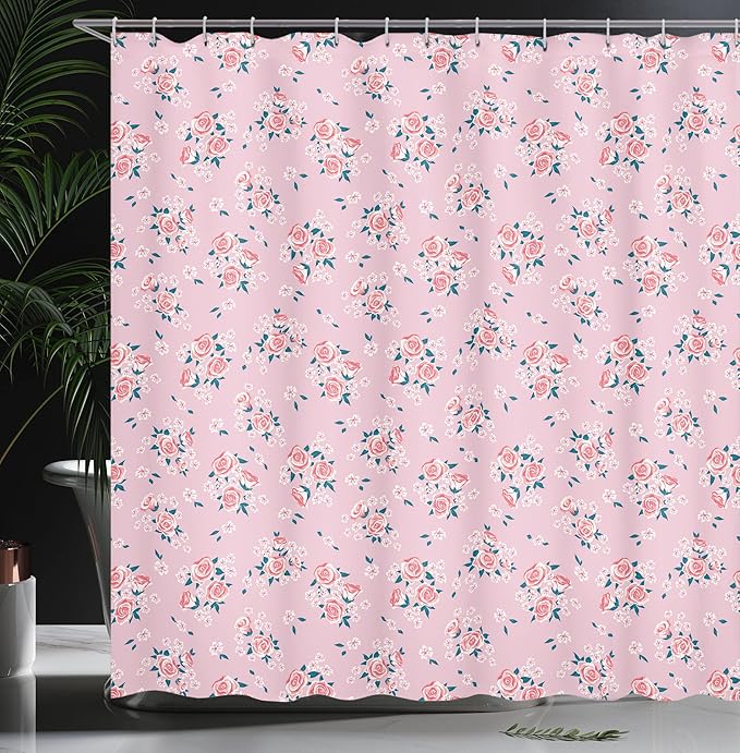 Ambesonne Vintage Shower Curtain, Romantic Shabby Form Style Inspired Flowers with Little Roses Lilacs Artwork, Cloth Fabric Bathroom Decor Set with Hooks, 69" W x 70" L, Pale Pink