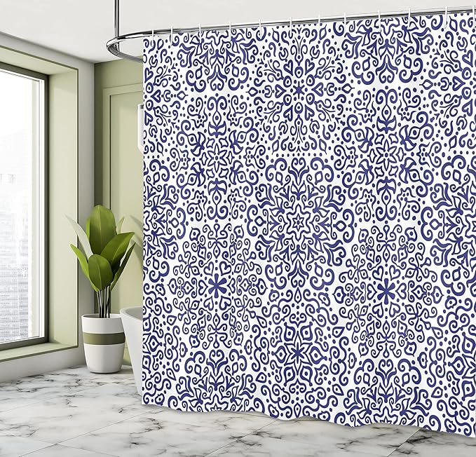 Ambesonne Indigo Shower Curtain, Mandala Pattern of Blooming with Trippy Flowery Hearts on Plain Backdrop Print, Cloth Fabric Bathroom Decor Set with Hooks, 69" W x 70" L, Indigo and White