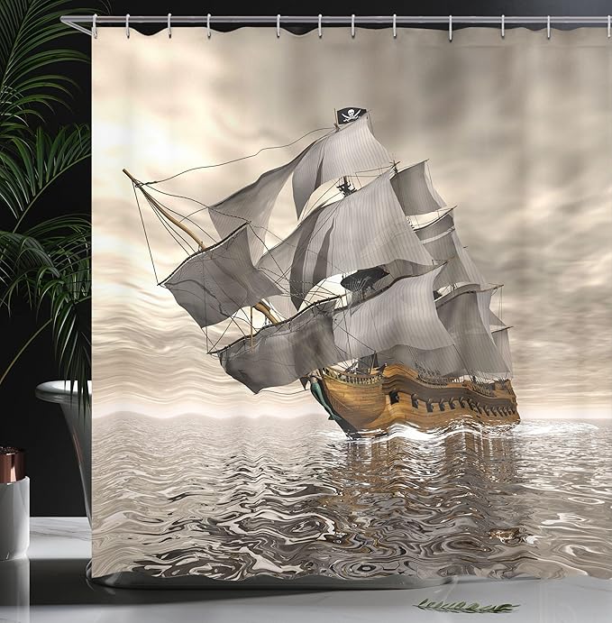 Ambesonne Ocean Shower Curtain, 3D Style Pirate Sea Ship and Historic Vessel and Cloudy Sky Voyage of Exploration Theme of Art, Cloth Fabric Bathroom Decor Set with Hooks, 69" W x 84" L, Coffee Grey