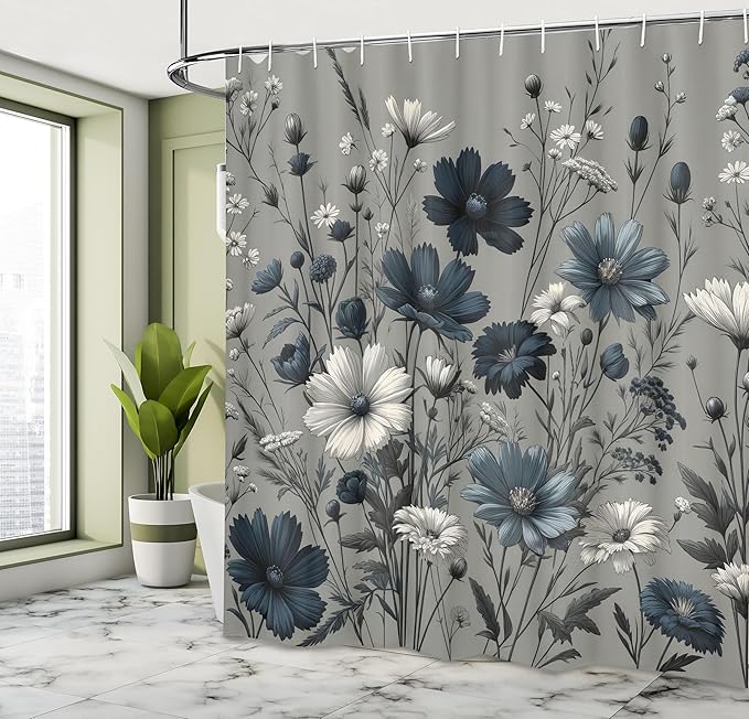 Ambesonne Navy Blue Shower Curtain, Spring Night Cottagecore Vintage Style Floral Arrange Wildflowers, Cloth Fabric Bathroom Decor Set with Hooks, 69" W x 70" L, Coconut Dark Petrol Blue