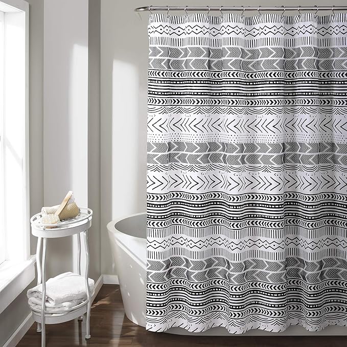 Lush Decor Hygge Geo Shower Curtain, 72" W x 72" L, Black/White - Curtain For Bathroom - Striped Bathroom Decor - Black Bath Accessories - Neutral Color Accessories - Geometric Scandinavian Print