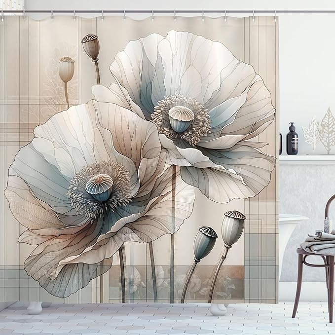 Ambesonne Neutral Shower Curtain, Vintage Soft Colored Poppy Flowers Blossoming Garden Gentle Hues Print, Cloth Fabric Bathroom Decor Set with Hooks, 69" W x 70" L, Warm Taupe and Blue