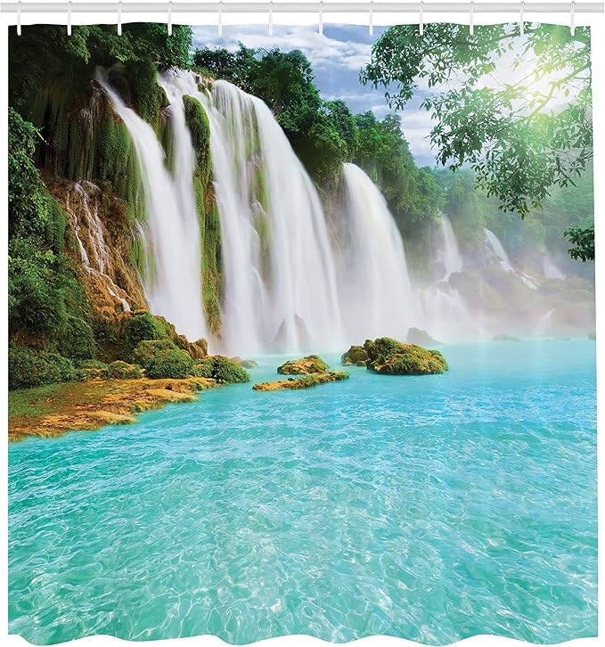 Ambesonne Waterfall Shower Curtain, Ban Gioc-Detian Cascade in The Forest Tropical Waterscape Clear Pool, Cloth Fabric Bathroom Decor Set with Hooks, 69" W x 70" L, Turquoise White