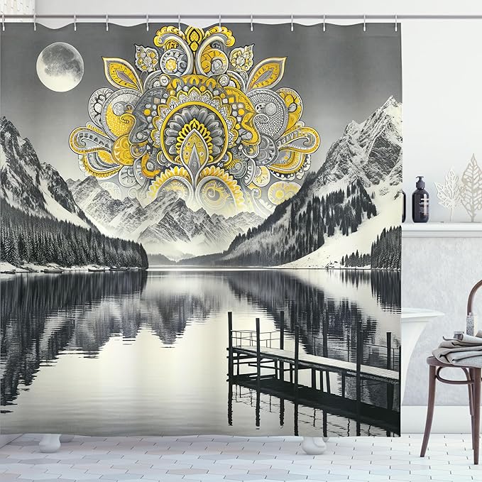 Ambesonne Lake Shower Curtain, Mandala Inspired Motif and Mountains Panorama in Grayscale Achromatic Colors, Cloth Fabric Bathroom Decor Set with Hooks, 69" W x 84" L, Yellow and Grey