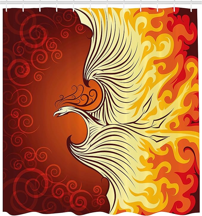 Ambesonne Orange Shower Curtain, Illustration of Flying Phoenix Bird in The Burning Mythical Creature Print, Cloth Fabric Bathroom Decor Set with Hooks, 69" W x 84" L, Orange and Yellow