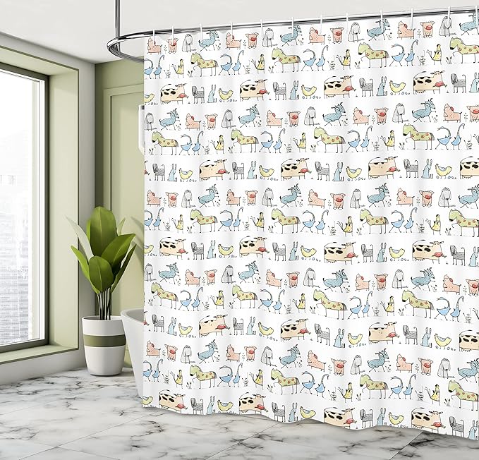 Ambesonne Retro Shower Curtain, Cartoon Village of Domestic Animals Goat Goose Sheep Funny Patterns, Cloth Fabric Bathroom Decor Set with Hooks, 69" W x 70" L, Yellow Beige
