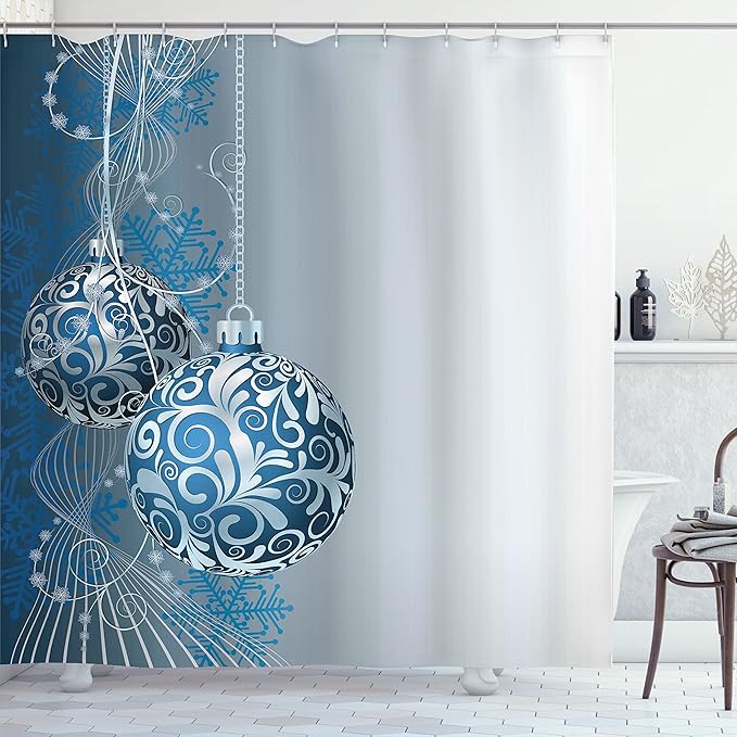 Ambesonne Christmas Shower Curtain, Abstract Pattern Snowflake Motifs Curlicues on Baubles Season, Cloth Fabric Bathroom Decor Set with Hooks, 69" W x 70" L, Blue Pale Blue White