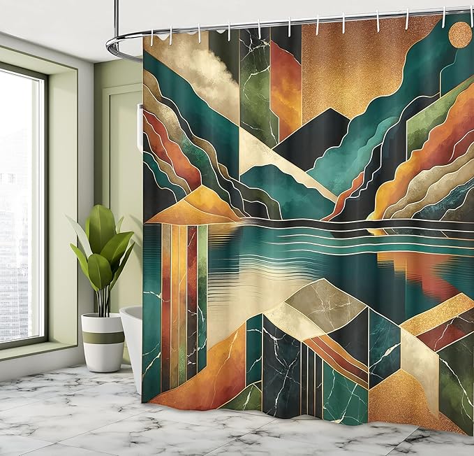 Ambesonne Mid Century Modern Shower Curtain, Lake Mountains and Cloudy Sky Surreal Boho Marble Print Landscape, Cloth Fabric Bathroom Decor Set with Hooks, 69" W x 70" L, Ginger Dark Teal