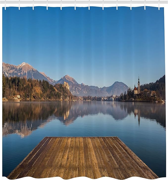 Ambesonne Landscape Shower Curtain, Old Deck by River Mountains Landscape Fall in Village Rural Scenic Print, Cloth Fabric Bathroom Decor Set with Hooks, 69" W x 70" L, Caramel Blue