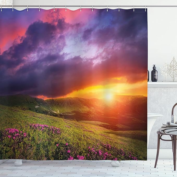 Ambesonne Landscape Shower Curtain, Mountain with Pink Rhododendron Flowers Sunset Sky Over Carpathian Hills Picture, Cloth Fabric Bathroom Decor Set with Hooks, 69" W x 70" L, Multicolor