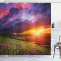 Ambesonne Landscape Shower Curtain, Mountain with Pink Rhododendron Flowers Sunset Sky Over Carpathian Hills Picture, Cloth Fabric Bathroom Decor Set with Hooks, 69" W x 70" L, Multicolor