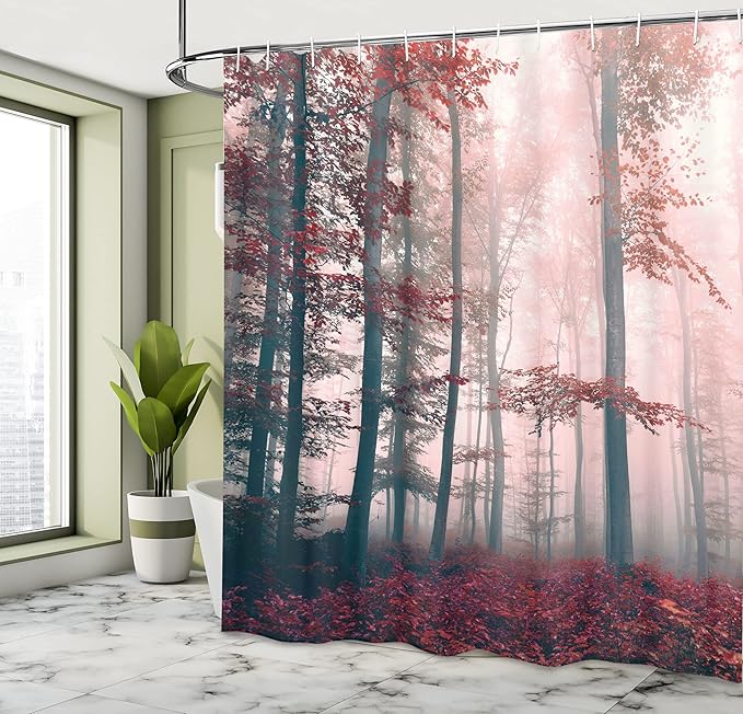 Ambesonne Forest Shower Curtain, Autumn Season Mystic Foggy Fall Nature and Enchanted Woods Wild Trees Print, Cloth Fabric Bathroom Decor Set with Hooks, 69" W x 70" L, Brown Grey and Red