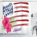 Ambesonne Hawaiian Shower Curtain, American Flag Theme Stars and Stripes Hibiscus Leaves Hawaii USA Patriotic Art, Cloth Fabric Bathroom Decor Set with Hooks, 69" W x 84" L, Fuchsia Navy