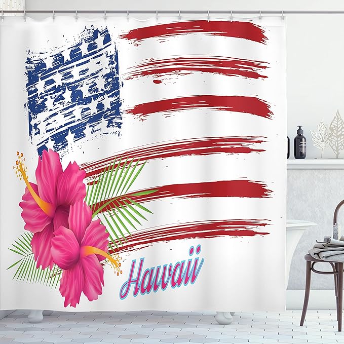 Ambesonne Hawaiian Shower Curtain, American Flag Theme Stars and Stripes Hibiscus Leaves Hawaii USA Patriotic Art, Cloth Fabric Bathroom Decor Set with Hooks, 69" W x 84" L, Fuchsia Navy