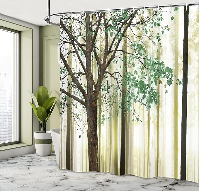 Ambesonne Autumn Shower Curtain, Fall Trees Leaves on Woodland Background Picture, Cloth Fabric Bathroom Accessories Set with 12 Hooks Home Decor for Restroom and Guest Room, 69" W x 70" L, Fern Green