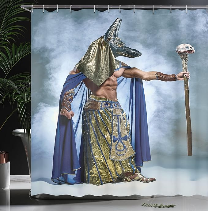 Ambesonne Egyptian Print Shower Curtain, Pharaoh with of Anubis Foggy Background, Cloth Fabric Bathroom Decor Set with Hooks, 69" W x 84" L, Mustard Dimgrey