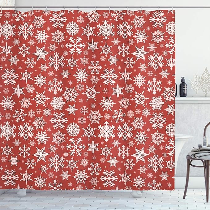 Ambesonne Red Shower Curtain, Various Different Snowflakes with Rich Details Christmas Season in Wintertime, Cloth Fabric Bathroom Decor Set with Hooks, 69" W x 70" L, White and Vermilion